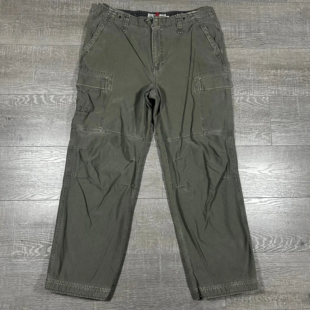 Vintage Old Navy Mens Baggy Cargo Pants‎ Olive Green Military Stencil 36x32 Y2K